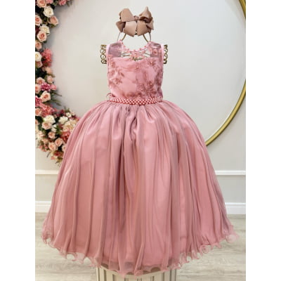 Vestido Infantil Longo Rose C/ Renda Damas Formatura