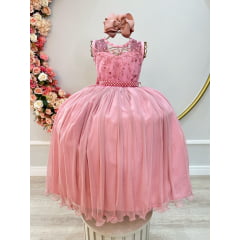 Vestido Infantil Longo Rose C/ Renda e Pérolas Damas