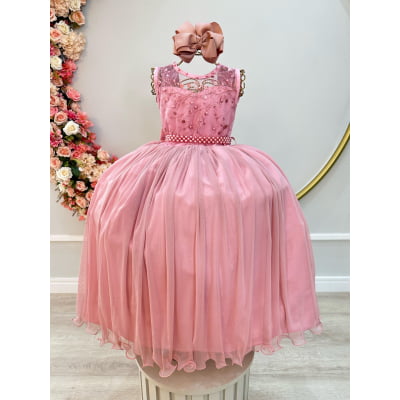Vestido Infantil Longo Rose C/ Renda e Pérolas Damas