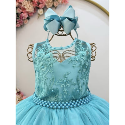Vestido Infantil Longo Verde C/ Renda e Pérolas Daminhas