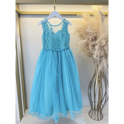 Vestido Infantil Longo Verde C/ Renda e Pérolas Daminhas