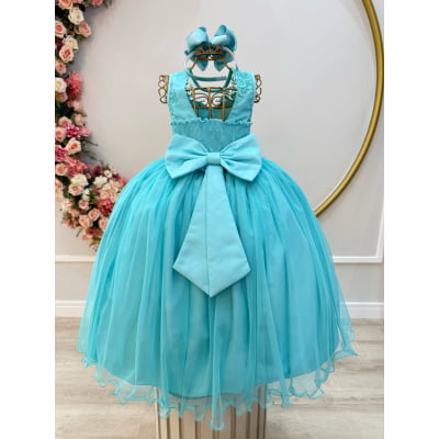 Vestido Infantil Longo Verde C/ Renda e Pérolas Daminhas