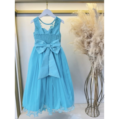 Vestido Infantil Longo Verde C/ Renda e Pérolas Daminhas