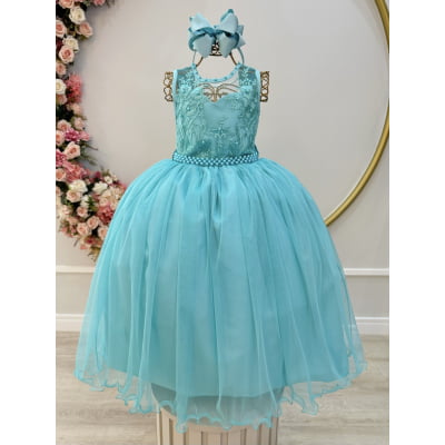Vestido Infantil Longo Verde C/ Renda e Pérolas Daminhas