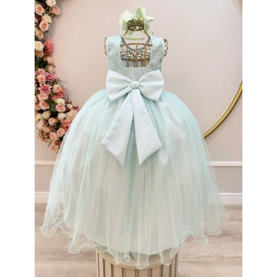 Vestido Infantil Longo Verde Menta Renda e Pérolas Damas Festa