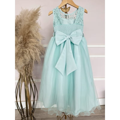 Vestido Infantil Longo Verde Menta Renda e Pérolas Damas Festa