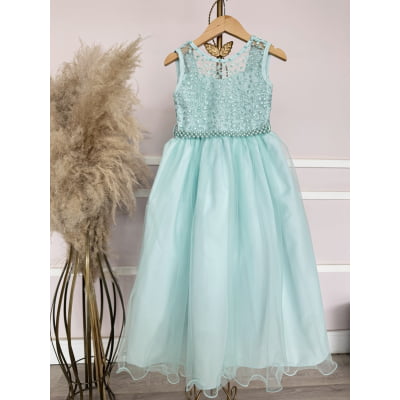 Vestido Infantil Longo Verde Menta Renda e Pérolas Damas Festa