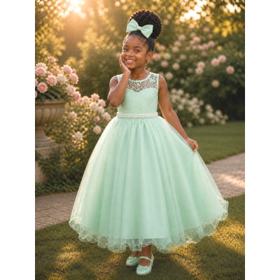 Vestido Infantil Longo Verde Menta Renda e Pérolas Damas Festa