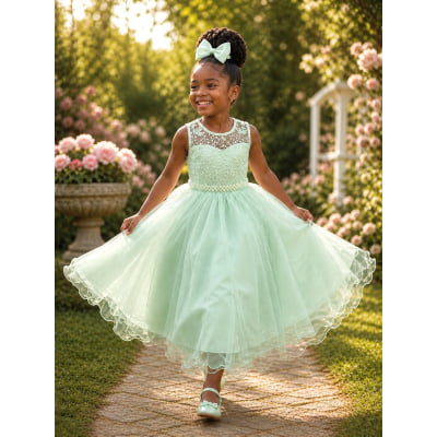 Vestido Infantil Longo Verde Menta Renda e Pérolas Damas Festa