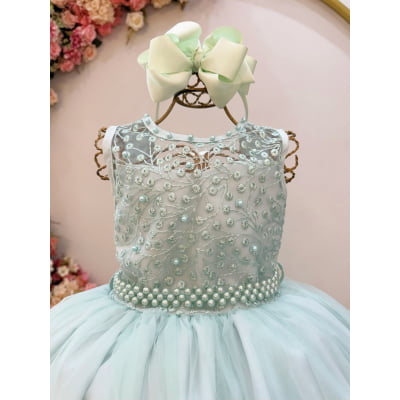 Vestido Infantil Longo Verde Menta Renda e Pérolas Damas Festa