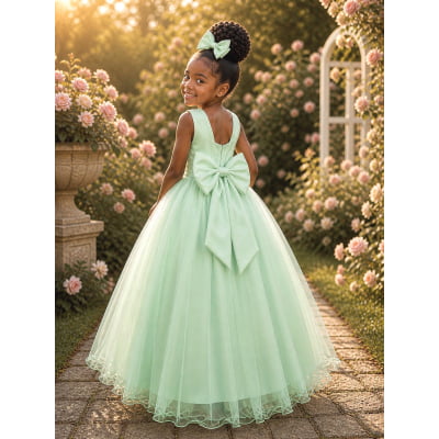 Vestido Infantil Longo Verde Menta Renda e Pérolas Damas Festa