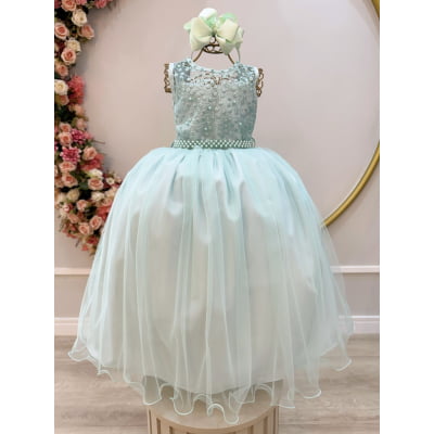 Vestido Infantil Longo Verde Menta Renda e Pérolas Damas Festa