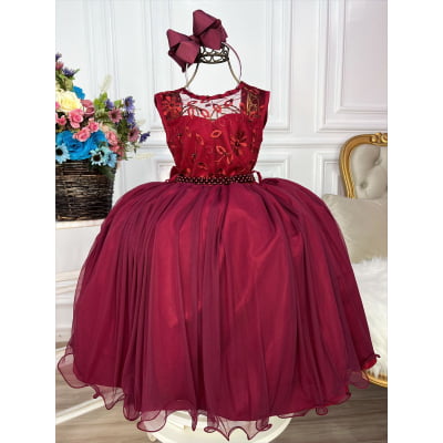 Vestido Infantil Marsala C/ Renda e Cinto de Pérolas Damas