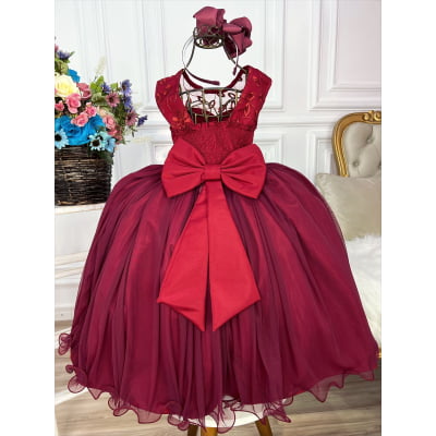 Vestido Infantil Marsala C/ Renda e Cinto de Pérolas Damas