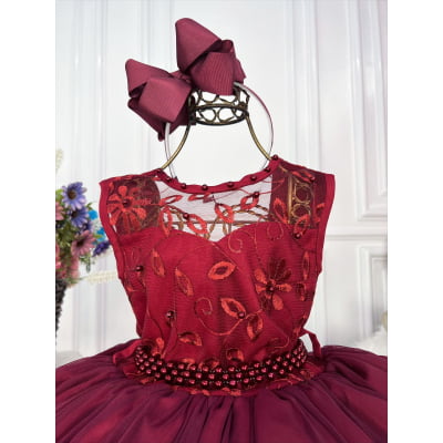 Vestido Infantil Marsala C/ Renda e Cinto de Pérolas Damas