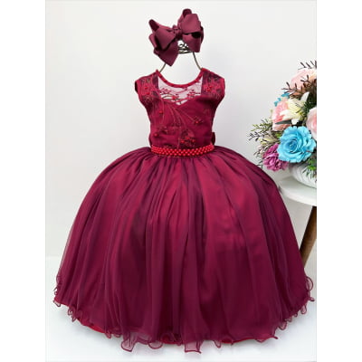 Vestido Infantil Marsala C/ Renda Luxo e Pérolas Damas