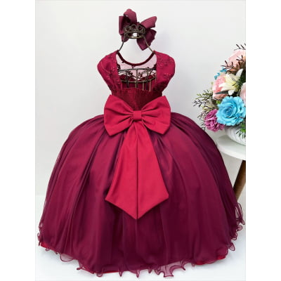 Vestido Infantil Marsala C/ Renda Luxo e Pérolas Damas