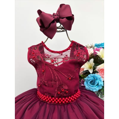 Vestido Infantil Marsala C/ Renda Luxo e Pérolas Damas