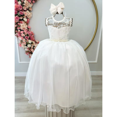 Vestido Infantil Off White C/ Renda e Cinto de Pérolas Damas