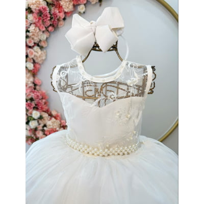 Vestido Infantil Off White C/ Renda e Cinto de Pérolas Damas