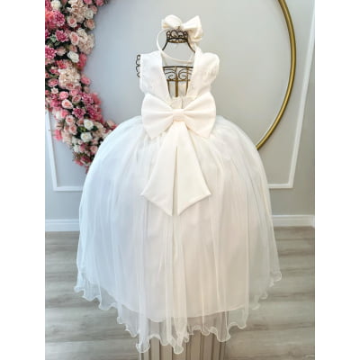 Vestido Infantil Off White C/ Renda e Cinto de Pérolas Damas