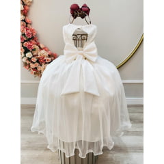 Vestido Infantil Off White Com Renda e Broche Damas Luxo