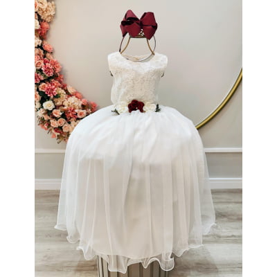 Vestido Infantil Off White Com Renda e Broche Damas Luxo