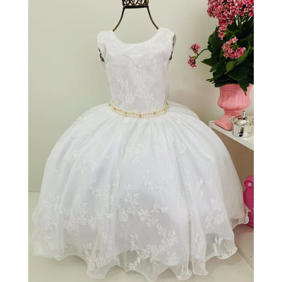 Vestido Infantil Off White Renda Luxo Cinto de Pérolas Damas