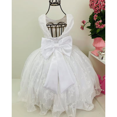 Vestido Infantil Off White Renda Luxo Cinto de Pérolas Damas