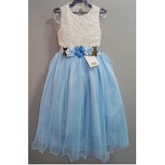 Vestido Infantil Off White Saia Azul Claro C/ Renda e Broche