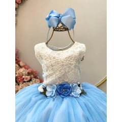 Vestido Infantil Off White Saia Azul Claro C/ Renda e Broche