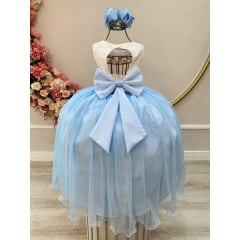 Vestido Infantil Off White Saia Azul Claro C/ Renda e Broche