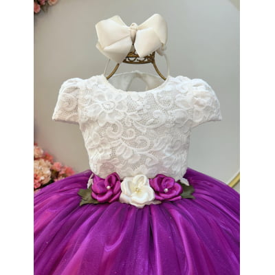 Vestido Infantil Off White Saia Fúcsia C/ Renda e Broche Flor