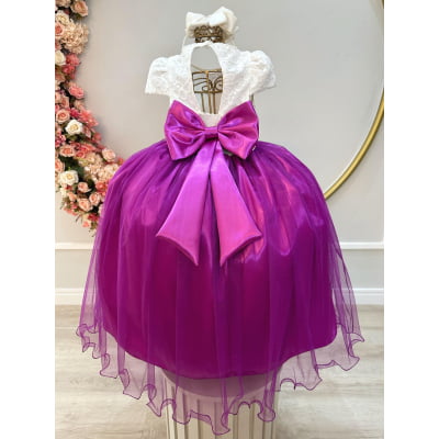 Vestido Infantil Off White Saia Fúcsia C/ Renda e Broche Flor