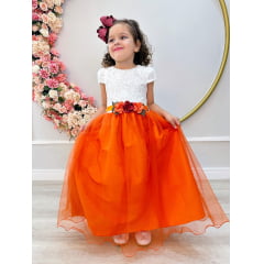 Vestido Infantil Off White Saia Laranja Renda e Broche
