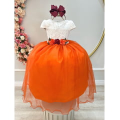 Vestido Infantil Off White Saia Laranja Renda e Broche