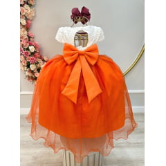 Vestido Infantil Off White Saia Laranja Renda e Broche