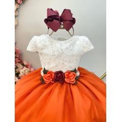 Vestido Infantil Off White Saia Laranja Renda e Broche