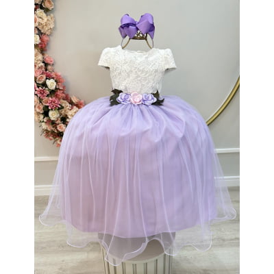 Vestido Infantil Off White Saia Lilás C/ Renda e Broche