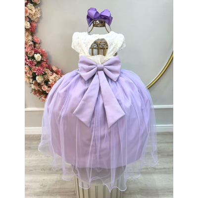 Vestido Infantil Off White Saia Lilás C/ Renda e Broche