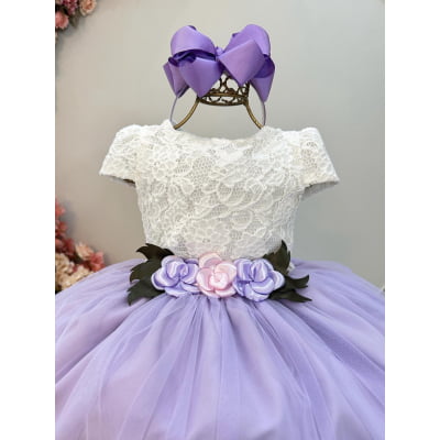 Vestido Infantil Off White Saia Lilás C/ Renda e Broche