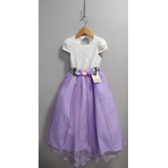 Vestido Infantil Off White Saia Lilás C/ Renda e Broche Damas