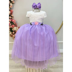 Vestido Infantil Off White Saia Lilás C/ Renda e Broche Damas