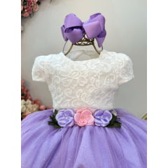 Vestido Infantil Off White Saia Lilás C/ Renda e Broche Damas