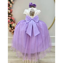 Vestido Infantil Off White Saia Lilás C/ Renda e Broche Damas