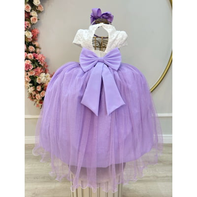 Vestido Infantil Off White Saia Lilás C/ Renda e Broche Damas