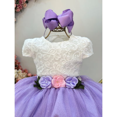 Vestido Infantil Off White Saia Lilás C/ Renda e Broche Damas