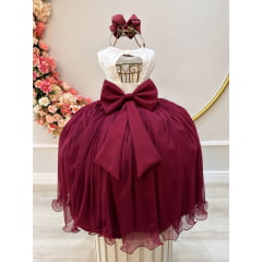 Vestido Infantil Off White Saia Marsala C/ Renda e Broche