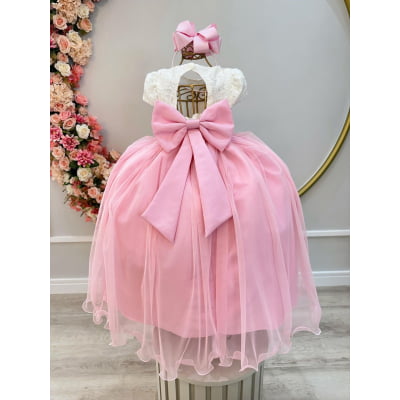 Vestido Infantil Off White Saia Rosa C/ Renda e Broche