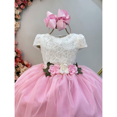 Vestido Infantil Off White Saia Rosa C/ Renda e Broche